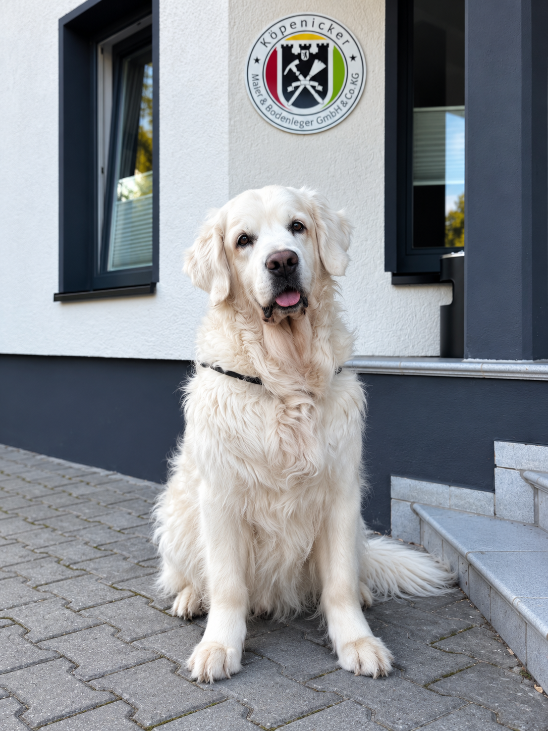 Barney, unser weißer Hund und Security-Manager, vor dem Firmensitz